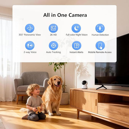 2.4G Pan/Tilt Security Camera, 2K WiFi Indoor Camera for Home/Baby/Pet, Color Night Vison, Human Motion Detection, 24/7 Recording, 2-Way Audio