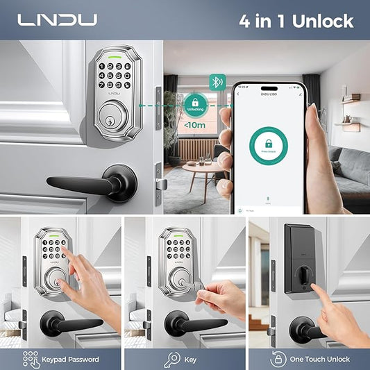Keyless Entry Door Lock, Smart Deadbolt Lock with Handleset D180 & D280 (Fingerprint & Leveler) (Chrome)