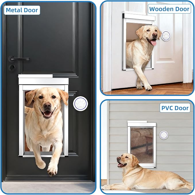 Automatic Dog Door with Doorbell Activation, 2-Flap Electronic Smart Pet Door with Anti-Pinch, No Collar Needed, Aluminum Lockable Weatherproof Telescoping Tunnel for Pets (Medium, Door Mount)
