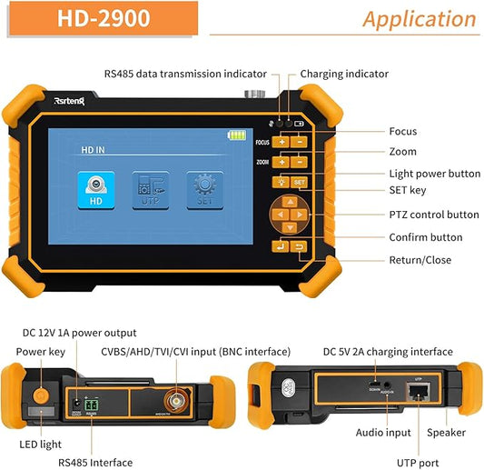 Rsrteng CCTV Tester Monitor Auto HD Coaxial Camera Tester 4K 8MP TVI/CVI/AHD/CVBS Analog Video Monitor 4.3 inch TFT-LCD Screen PTZ Control RS485 Call OSD Menu Audio DC12V Power Output