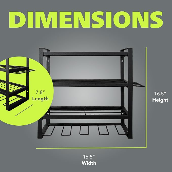 Pearington Wall Mount Power Tool Organizer, 4-Layer Drill Rack with Screwdriver, Plier, and Hammer Holders, Heavy-Duty Metal Garage Storage Shelf, Black