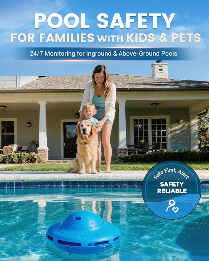 Smart Pool Alarm with App for Inground & Above Ground Pools, Adjustable Sensitivity Water Detection Alarm up to 20x40ft, 85dB+ Safety Alerts for Kids, Pets & Accidental Entry(Blue)