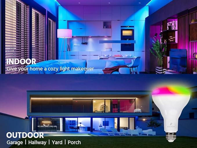 Monoprice Stitch Smart Wi‑Fi RGBCW Light Bulb, 8W, 650 Lumens, BR30, Compatible with Google Voice Control Assistant