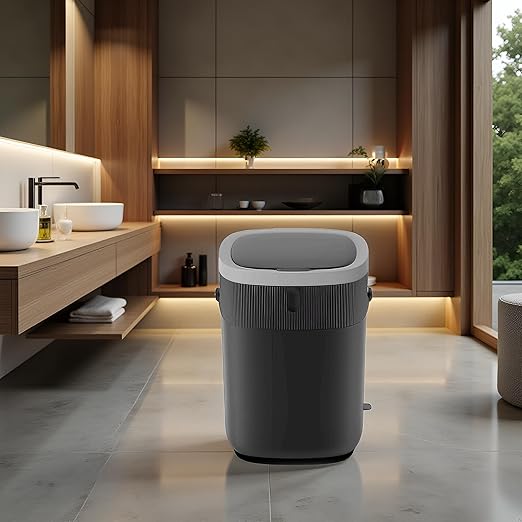 WM-DZT-12-36S Smart Motion Sensor Trash Can, Ultra-Quiet Soft-Close | Long Battery Life | Built-in Bag Storage & Portable PU Handle (Dark Grey)