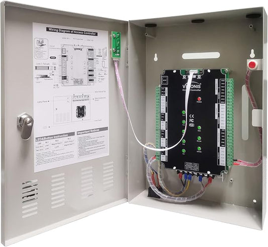 Four Doors Access Control TCP/IP Wiegand for Out Swing Electric 600lbs MagLock Controller Box + Indoor/Outdoor Card Reader + Software Included + 20,000 Users Kit - Visionis FPC-6205