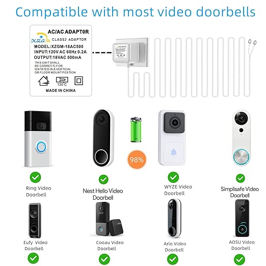 Visual Doorbell Power Adapter 18V 500mA Compatible with Ring Nest Eufy Wyze Arlo Wireless Video doorbell (393in/10M Cable Length)
