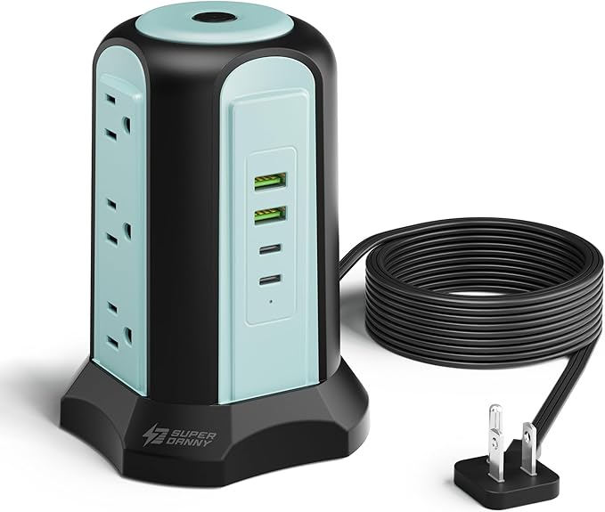 Power Strip Tower Surge Protector, SUPERDANNY Desktop Charging Station, 10 Ft Extension Cord, 9 Outlets, 4 USB Ports, 1080 Joules, 3-Prong, Grounded, Multiple Protections for Home, Office, Blue