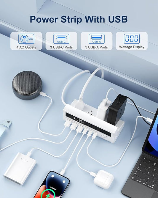 10-in-1 USB Charging Station, 4 Outlets Power Strip with 6 USB, 5 FT Long Extension Cord, 45° Flat Plug, 20W Fast Mulit Charging Station for Home Office Travel Plug Extension Outlet (White)