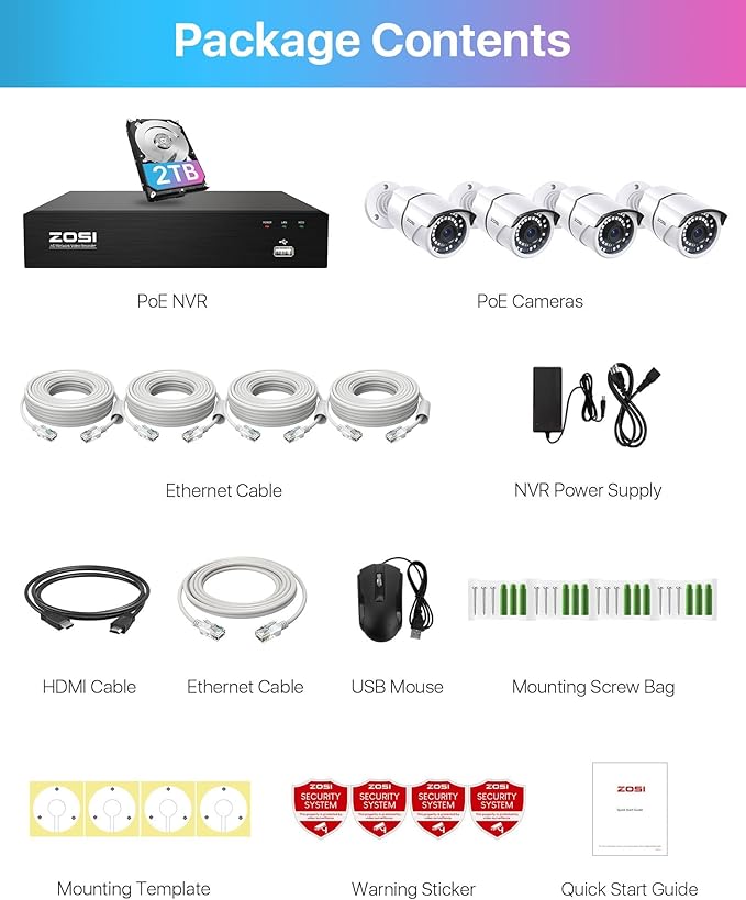 ZOSI 4K PoE Home Security Camera System, 4pcs 5MP Wired Outdoor Indoor Cameras, 120ft Night Vision, Motion Alert, H.265+ 8 Channel 8MP NVR with 2TB Hard Drive, Remote Access for 24/7 Surveillance