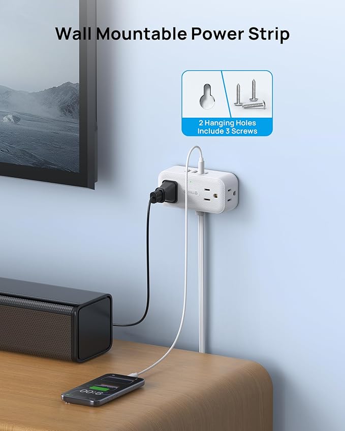 TROND 360° Rotating Flat Plug Power Strip, 10FT Extension Cord with 4 USB Ports, 4 Wide Spaced AC Outlets, Wall Mount, Surge Protector Power Strip for Office Travel Dorm Room Essentials, White