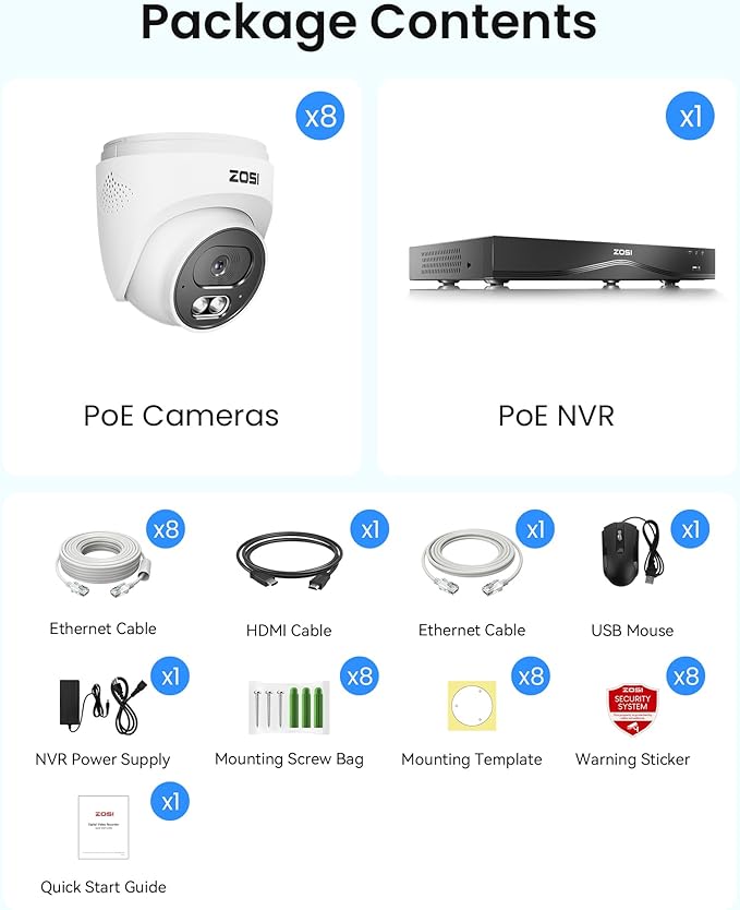 ZOSI C220 4K 8MP 16CH POE NVR Security Camera System (32CH Expandable), 8 x 8MP PoE IP Cameras Outdoor Indoor, 24/7 Recording, AI Human/Vehicle/Face Detection, Two-Way Talk, Night Vision, 4TB HDD