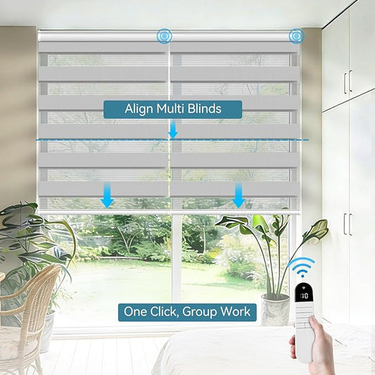 Interior Window Shades, Smart Dual Layer Light Filtering Blinds Compatible with Alexa & Google Home, Customized Size Cordless Electric Window Shades, (Smoky Gray, 55% Blackout)