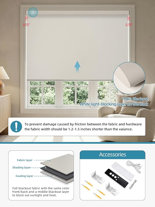SmartWings Motorized Smart Blinds with Remote, Custom Automatic 100% Blackout Roller Shade Compatible with Alexa/Homekit/Google, Electric Smart Blinds for Indoor Windows, Vinyl Beige