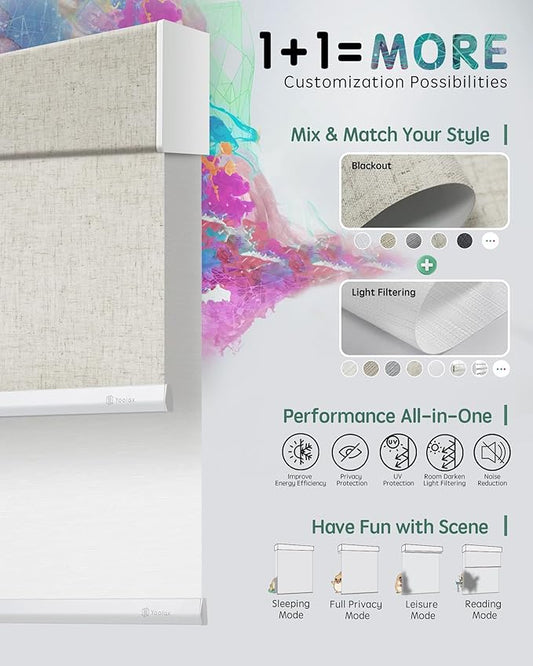 Yoolax Smart Dual Roller Shades, Motorized Blinds with Remote Smart Blinds Compatible with Alexa, Automatic Dual Shades for Windows Bedroom Living Room (Linen Beige & Jacquard White)