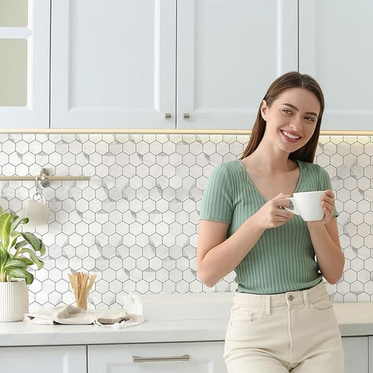 20-Sheet Hexagonal Peel and Stick Backsplash, Jazz White Kitchen Backsplash Wall Tiles, Stone Surface Waterproof Stick on Tile for Bathroom, RV, Fireplace