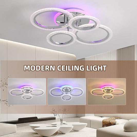 50W Dimmable LED Ceiling Light, Modern Flush Mount, Chrome 4-Ring | Remote Control, Adjustable 3000-6000K, Modern Lighting for Living Room, Bedroom, Kitchen & Hallway