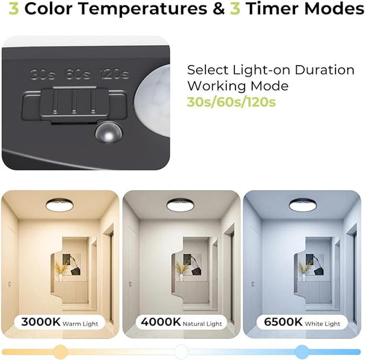 hepside 2 Pack Motion Sensor Ceiling Light Wired, 3000K/4000K/6500K LED Flush Mount Ceiling Light Fixture, 7Inch 15W Motion Sensor Light with Timer for Closet Stair Porch Hallway Pantry,Black