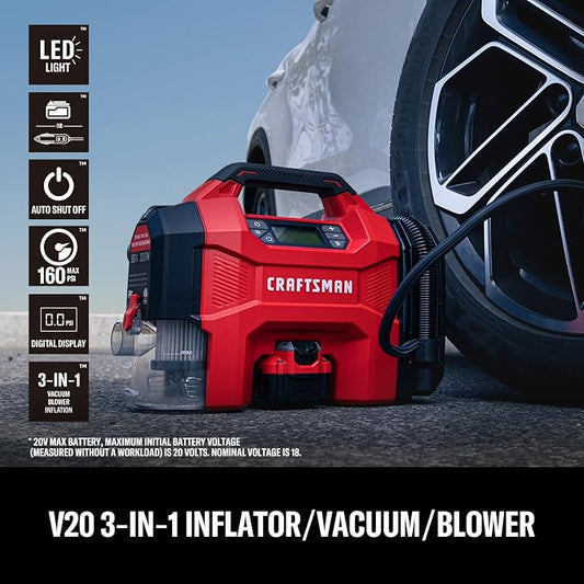 CRAFTSMAN 3-in-1 Tire Inflator Portable Air Compressor 160 PSI with Battery | Cordless pump/Car Vacuum/Dust Blower with 4.0Ah Battery & 12V Charger & LED Light for Car, Bike, Ball, Inflatable Mat & SUP