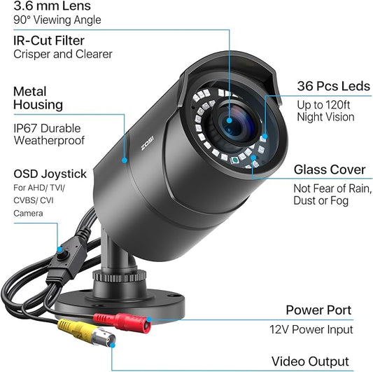 ZOSI 2MP HD 1080p 1920TVL Security Camera Outdoor Indoor (Hybrid 4-in-1 HD-CVI/TVI/AHD/960H Analog CVBS), 36PCS LEDs,120ft IR Night Vision,105° View Angle Surveillance CCTV Bullet Camera(Black Color)