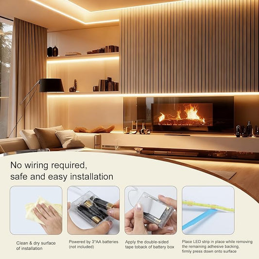 ZSLAIFU Battery Powered LED Strip Lights, 3.3FT COB LED Strip Light, Battery Operated LED Lights, Warm LED Strip Lights Battery Powered for Closet, Cabinet, Shelf, Kitchen, DIY Lighting