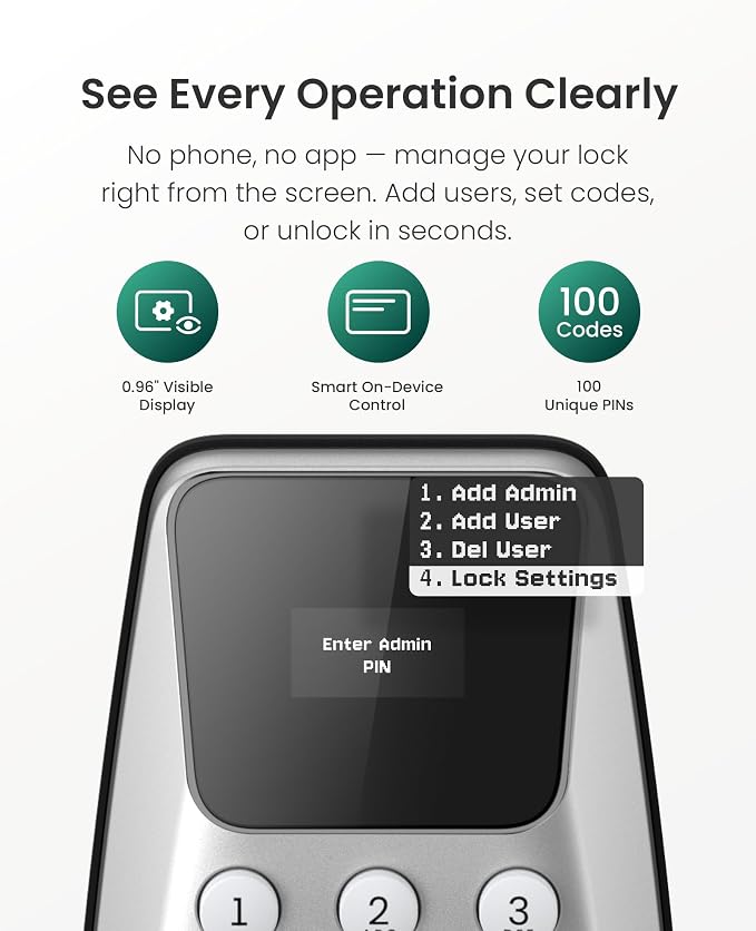 DESLOC C100 Keyless Entry Door Lock with Handle Set, Visual Display | Smart Deadbolt Lock with 100 PIN Codes, Passage Mode, 2 Keys, IP54 Weather Resistance, 12-Month Battery, Auto Lock, Silver
