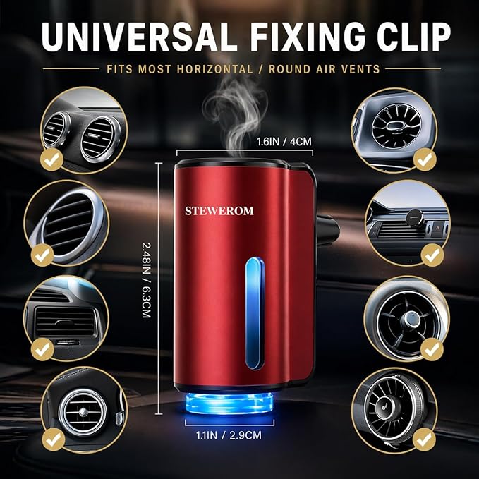 Car Air Freshener - Smart Adjustable 3-Speed Intensity, Rechargeable Humidifier Car Essential Oil Diffuser - Comes with 8 Bottles of 10ml Perfume (Red)