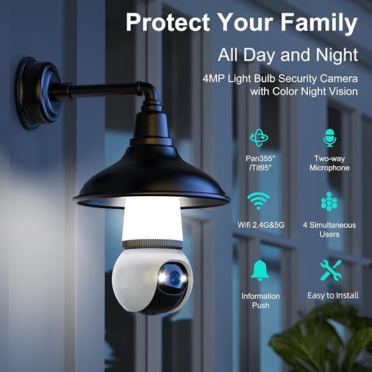 Hawkray Light Bulb Security Camera, 2 Pack, 2.4GHz & 5GHz Dual Band WiFi, 2K Full Color Night Vision, 360° Pan Tilt Wireless Indoor Outdoor Camera with Motion Detection, Two-Way Audio, Siren Alarm