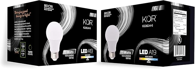 KOR 6 Pack A19 LED Light Bulb, 100W Equivalent, 4000K Cool White, 1500 Lumens, Efficient 15 Watt Replacement Bulbs with E26 Standard Base, 10000 Long Life Hours, Non-Dimmable, 80+ CRI, UL Listed