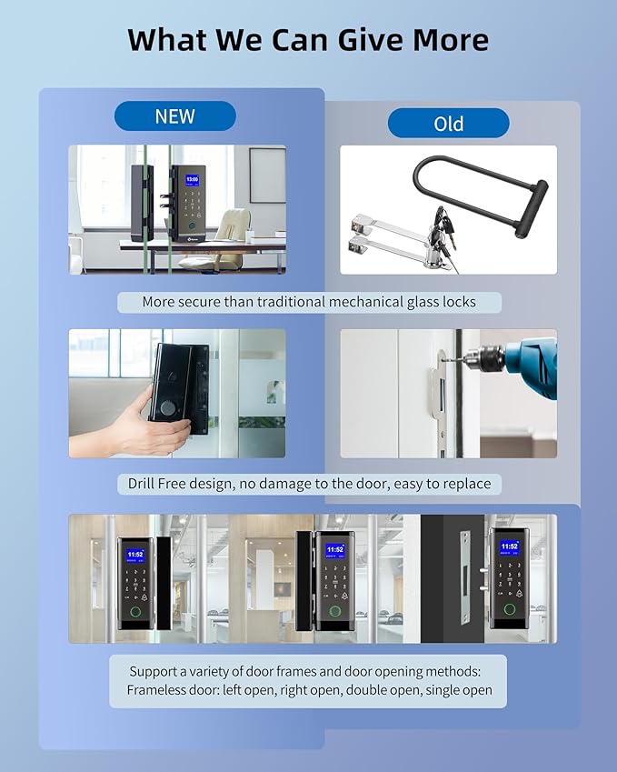 Keyless Entry Glass Door Knobs,Drill-Free Smart Lock Deadbolt,Perfiware 4in1 Biometric Fingerprint Glass Door Locks,Great for Home,Cabinet,Apartment,Hotel,Office,Store, Medium, Black