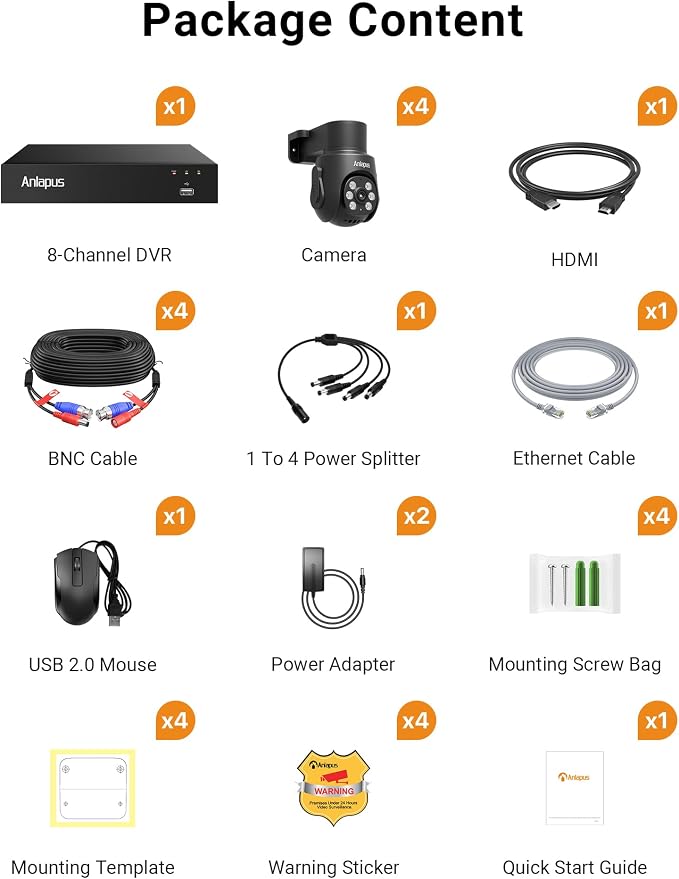 Anlapus 4K 8CH Security DVR Camera System, 4 X 8MP Pan Tilt Camera, 1TB HDD