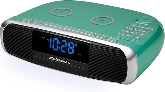 Studebaker Workstaton HiFi Music System with Bluetooth, FM Radio, CD, and Qi Wireless Charging Station (Teal)