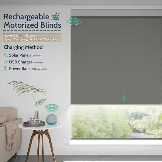 Motorized Blinds with Remote, Blackout Rechargeable Automatic Roller Shades, Cordless Smart Blinds Compatible with Alexa, Custom Blind for Indoor Windows, Photo Film Gray