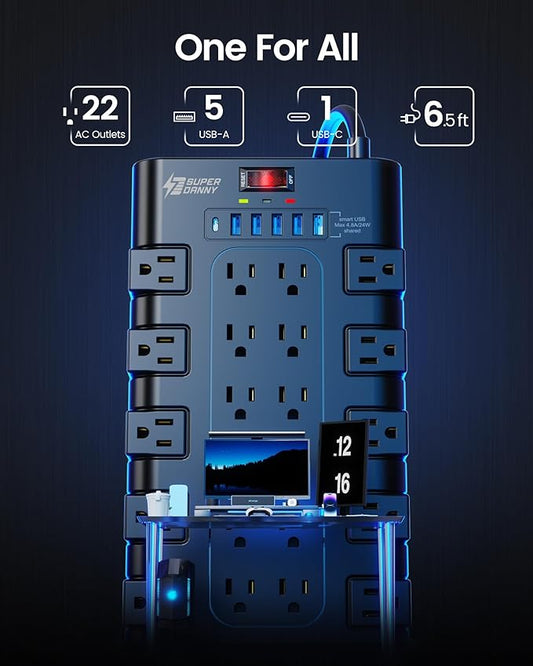 Power Strip, SUPERDANNY Surge Protector with 22 AC Outlets and 6 USB Charging Ports, 1875W/15A, 2100 Joules, 6.5Ft Flat Plug Heavy Duty Extension Cord for Home, Office, Dorm, Gaming Room, Black