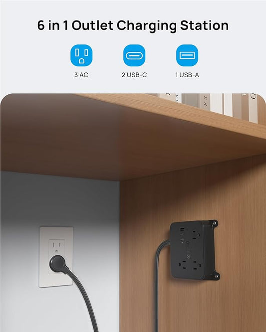 TROND Flat Plug Power Strip, 3FT Short Extension Cord with 3 AC Outlets, Wall Mount Charging Station with 2 USB-C & 1 USB-A, in Cabinet Power Outlet, Attach Behind TV or Under Desk Vanity Counter