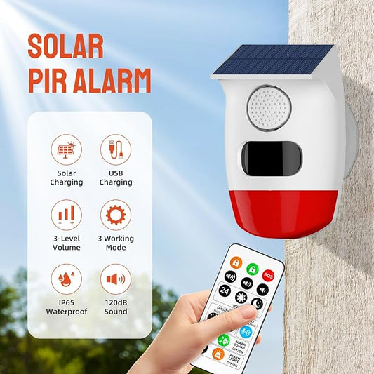 PGST Solar Strobe Alarm Light, Wireless Security Alarm with Remote Control, IP65 Waterproof Solar Powered Siren, 120dB Loud Sound for Home, Farm, Barn, Villa, Yard and Property Safety