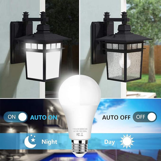Brightever 6-Pack Dusk to Dawn LED Light Bulbs, A19 11W(100Watt Equivalent), E26 Basic Automatic On/Off, 1200LM, Daylight White 5000K Smart Sensor Lights, Outdoor for Porch Garage Yard Patio Garden