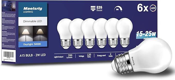 Maelsrlg 25 Watt Light Bulbs Daylight 5000K, Dimmable, 2W 200 Lumen LED Bulb, E26 Medium Base, 120V, A15 Frosted, Pack of 6