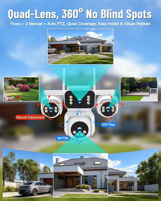 4-in-1 Wireless Outdoor Security Camera, Quad-View PTZ with 8MP HD, 16X Zoom, AI Human/Pet Detection, Color Night Vision, IP66 Weatherproof, 2-Way Audio, Dual Storage for Home Security