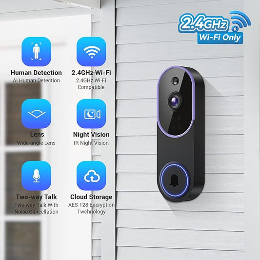 720P Indoor/Outdoor Battery Powered Smart Doorbell Security Camera, Night Vision, Motion Detection, Cloud Storage, 2-Way Audio, Home & Business Security Surveillance, 2.4GHz Wi-Fi(Excluding Receiver)