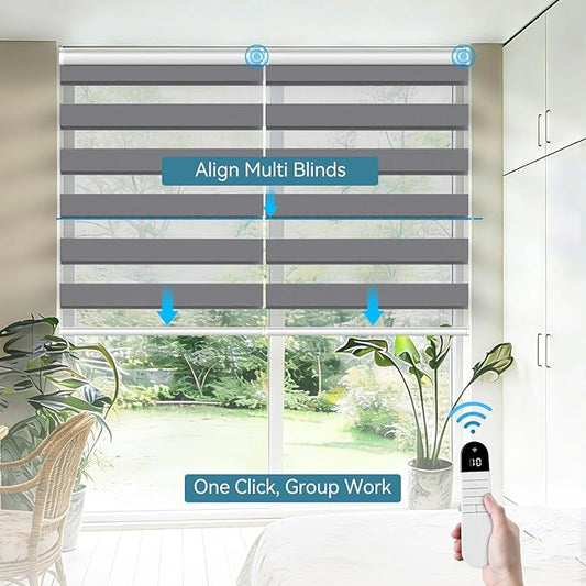 Interior Window Shades, Smart Dual Layer Light Filtering Blinds Compatible with Alexa & Google Home, Customized Size Cordless Electric Window Shades, (Dark Gray, 85% Blackout)