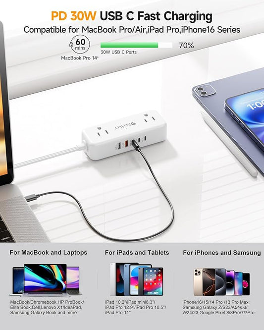 Beeiker 30W 3 USB C Travel Power Strip- 5Ft Extension Cord with 5 USB and 4 Outlets, Compact Flat Plug Small Extension Cord for Travel Cruise College Dorm Office White