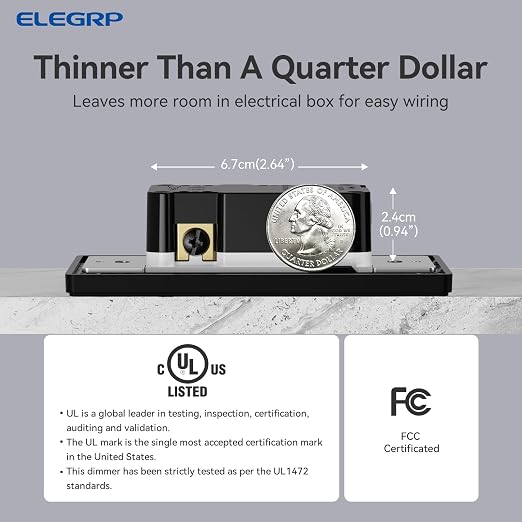 ELEGRP Dimmer Light Switch for 300W Dimmable LED/CFL Lights and 600W INC/HAL Bulbs, Single Pole/3-Way LED Slide Dimmer Light Switch, Wall Plate Included, UL Listed, 2 Pack, Matte Black