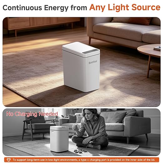 Solar Automatic Bathroom Trash Can: 2.6 Gallon Small Motion Sensor Garbage Can, No Charging Required, Slim Smart Touchless Trash Bin with Lid for Bedroom, Living Room, Office, RV, White