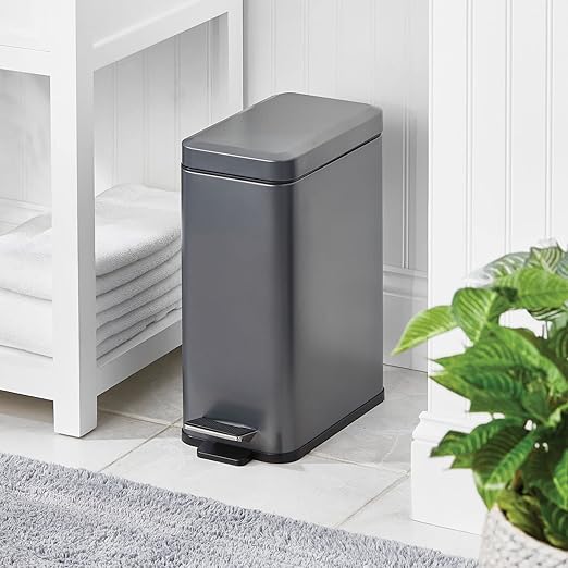 mDesign Pedal Bin โ Waste Bin with Pedal, Lid and Plastic Bucket Insert for Bathroom, Kitchen, and Office โ Metal Household Rubbish Bin with Ergonomic Design โ Dark Grey