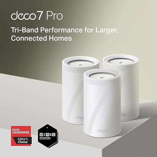 TP-Link Deco 7 Pro BE14000 Tri-Band Wi-Fi 7 Whole Home Mesh System | 8-Stream 14 Gbps | 10 Gbps WAN/LAN Port | Up to 8100 Sq.ft, 200 Devices Capacity | 320 MHz, HomeShield, AI-Roaming (BE67 3-Pack)
