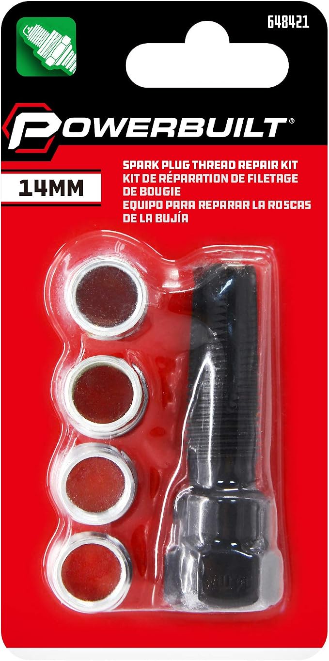 Powerbuilt 14mm Spart Plug Thread Repair Set, 14mm Cylinder Head Rethreaded Kit, Rethreads Damaged 14 Millimeter Spark Plug Holes, 4 Inserts: Two 7/16", one 5/8" and one 13/16", M14 x 1.25-648421