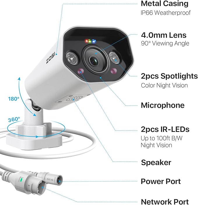 ZOSI 2 Pack 4K PoE Security Cameras, Human Detection, Color Night Vision, Two Way Audio, 8MP Weatherproof Outdoor Indoor IP Add-on Camera 4K PoE NVR
