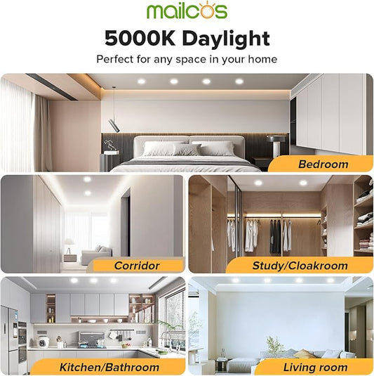 MAILCOS 12 Pack 6 Inch Ultra-Thin LED Recessed Ceiling Light with Junction Box, 5000K Daylight, 1050LM High Brightness, Dimmable Canless Wafer Downlight, 12W 120V, ETL