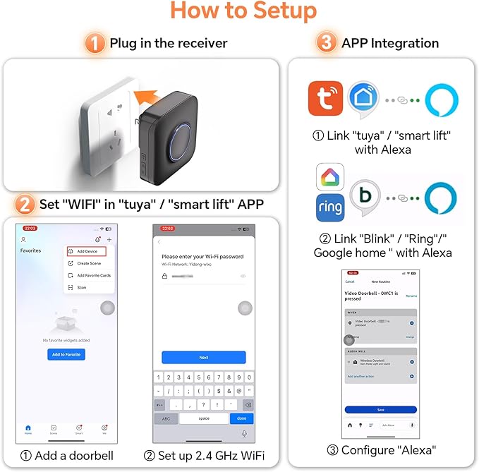 Smart WiFi Wireless Doorbell Chime for Google Nest, Ring, Blink – App-Connected with LED Light, No Wiring Required (1pack, Black)
