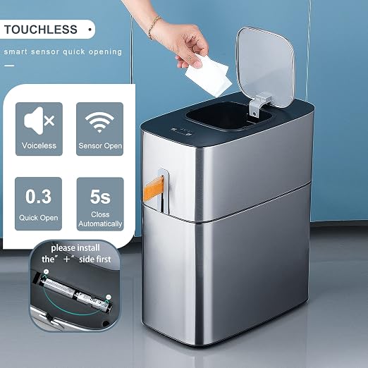 MOPUP Bathroom Trash Cans with Lids | 4.5 Gallon Motion Sensor Stainless Steel Automatic Privacy Garbage Can | Smart Dogproof Trash Bin for Bedroom,Office,Toilet,RV